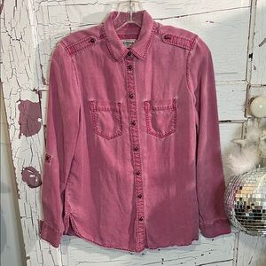 Express Boyfriend Pink Roll Cuff Button Down Shirt 2 Chest Pockets Soft Lyocel